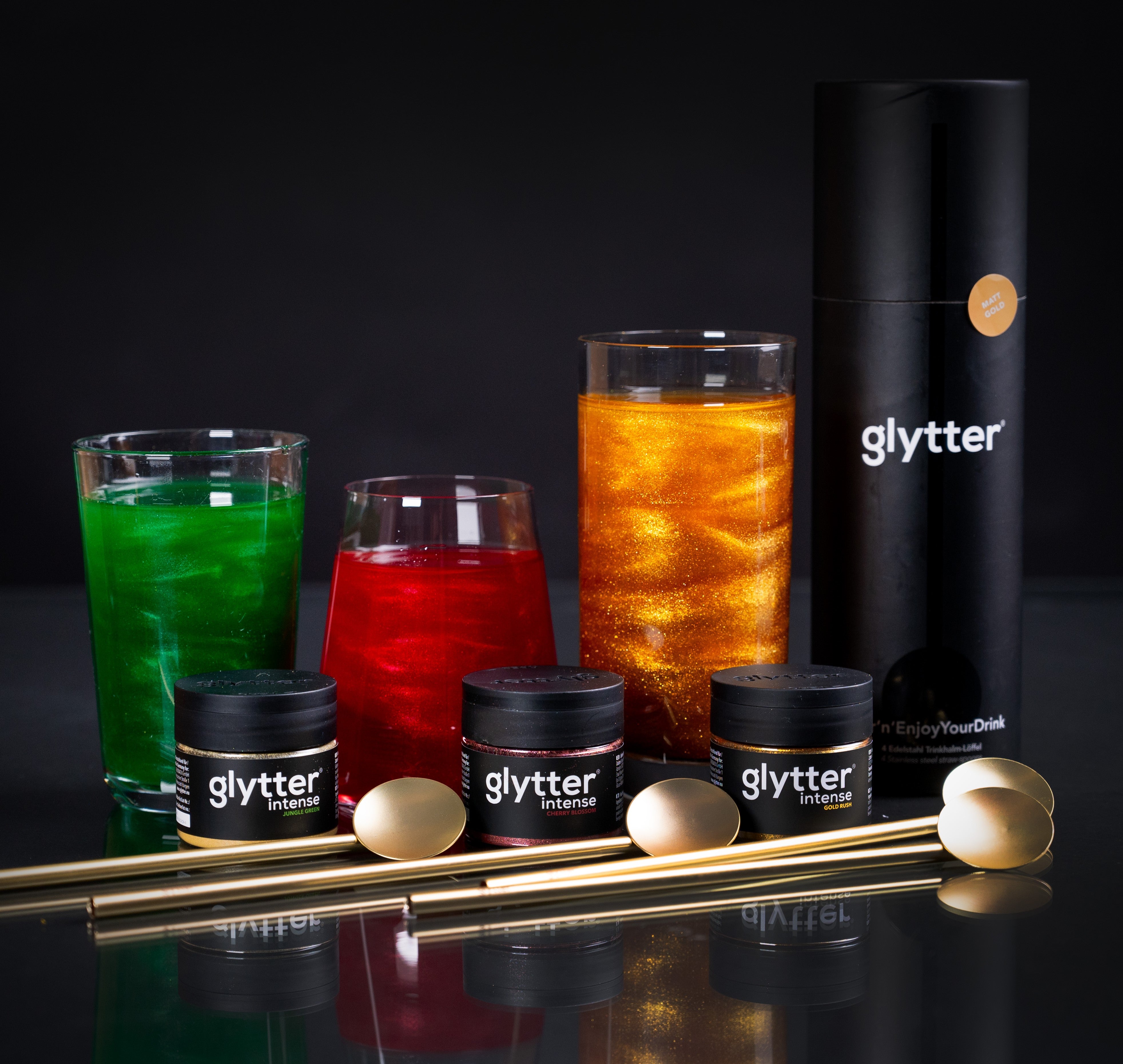 Celebrate Set 2: glytter®Intense Pulver Set mit Rot, Grün, Trinkhalmlöffel Set 4er Set Gold