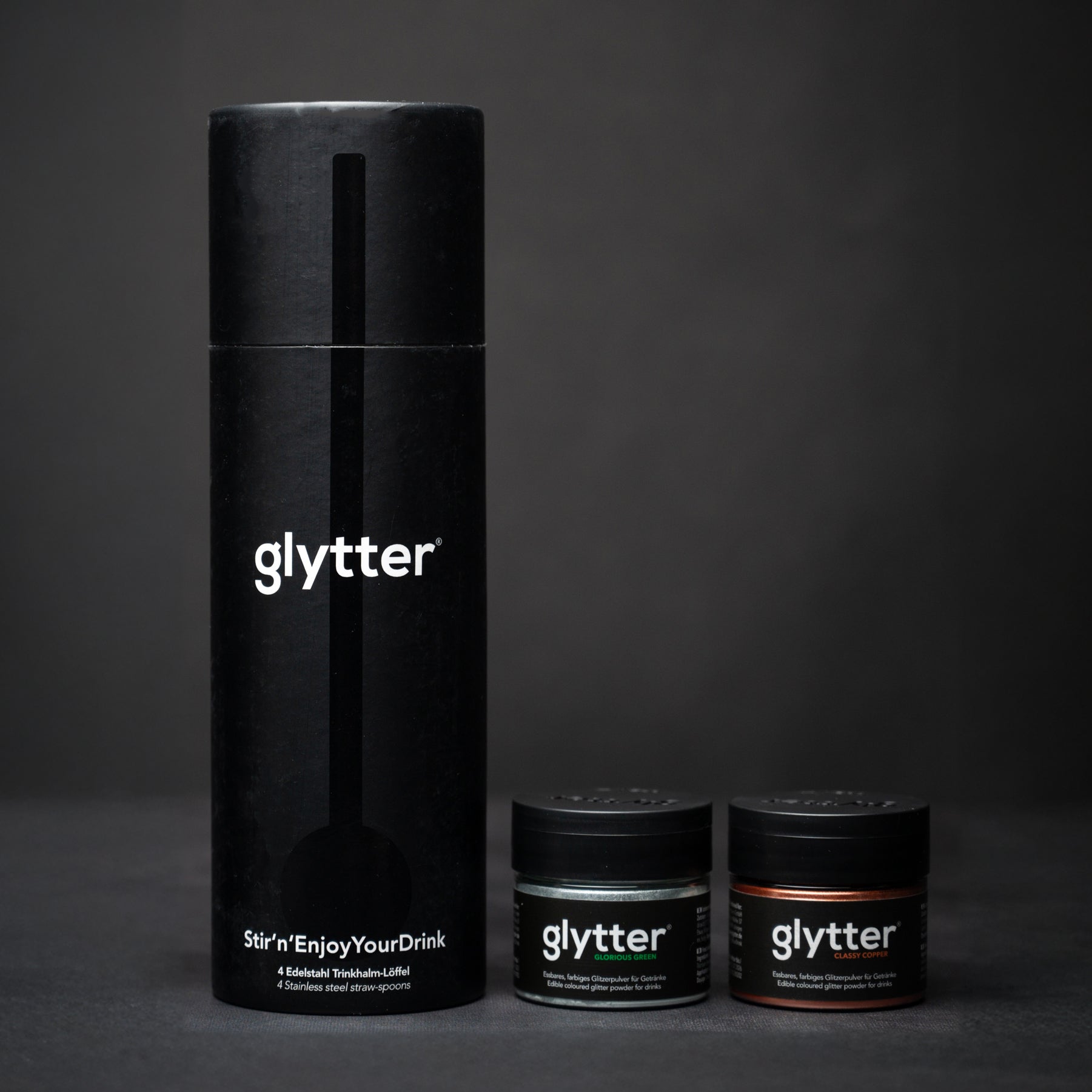 Celebrate Set 1: glytter®Pulver Set mit Grün, Kupfer & Trinkhalmlöffel 4er Set Gold