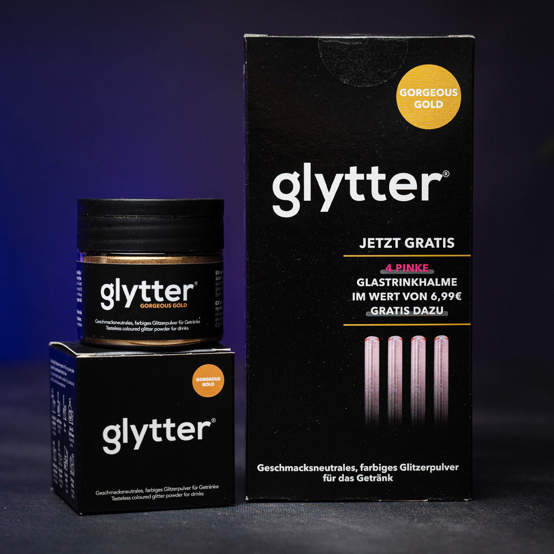 Goldenes Glytterpulver macht atemberaubenden Glitzer im Getränk + Trinkhalme in pink