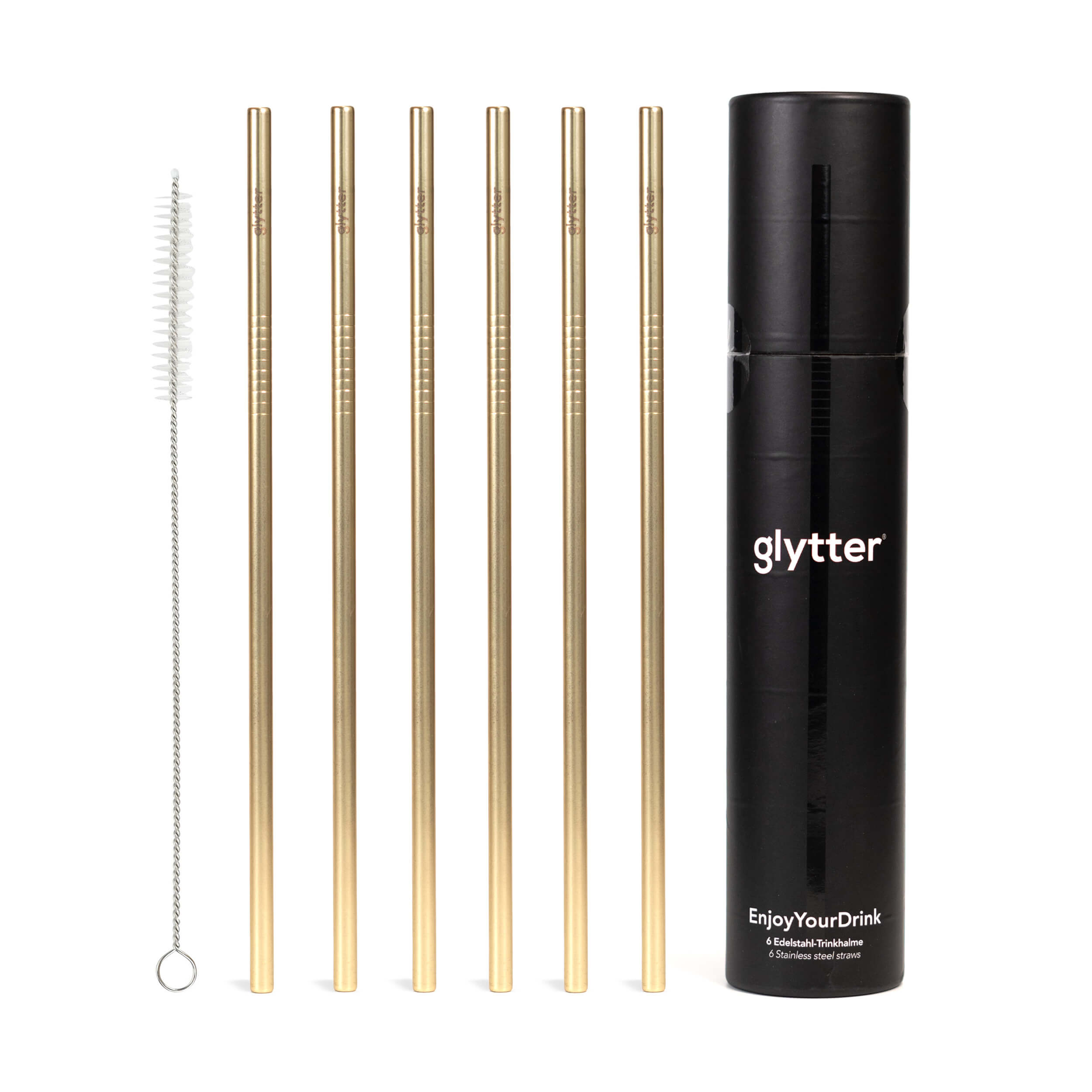 Premium Edelstahl-Trinkhalme 6er-Set mit Reinigungsbürste (matt-gold)