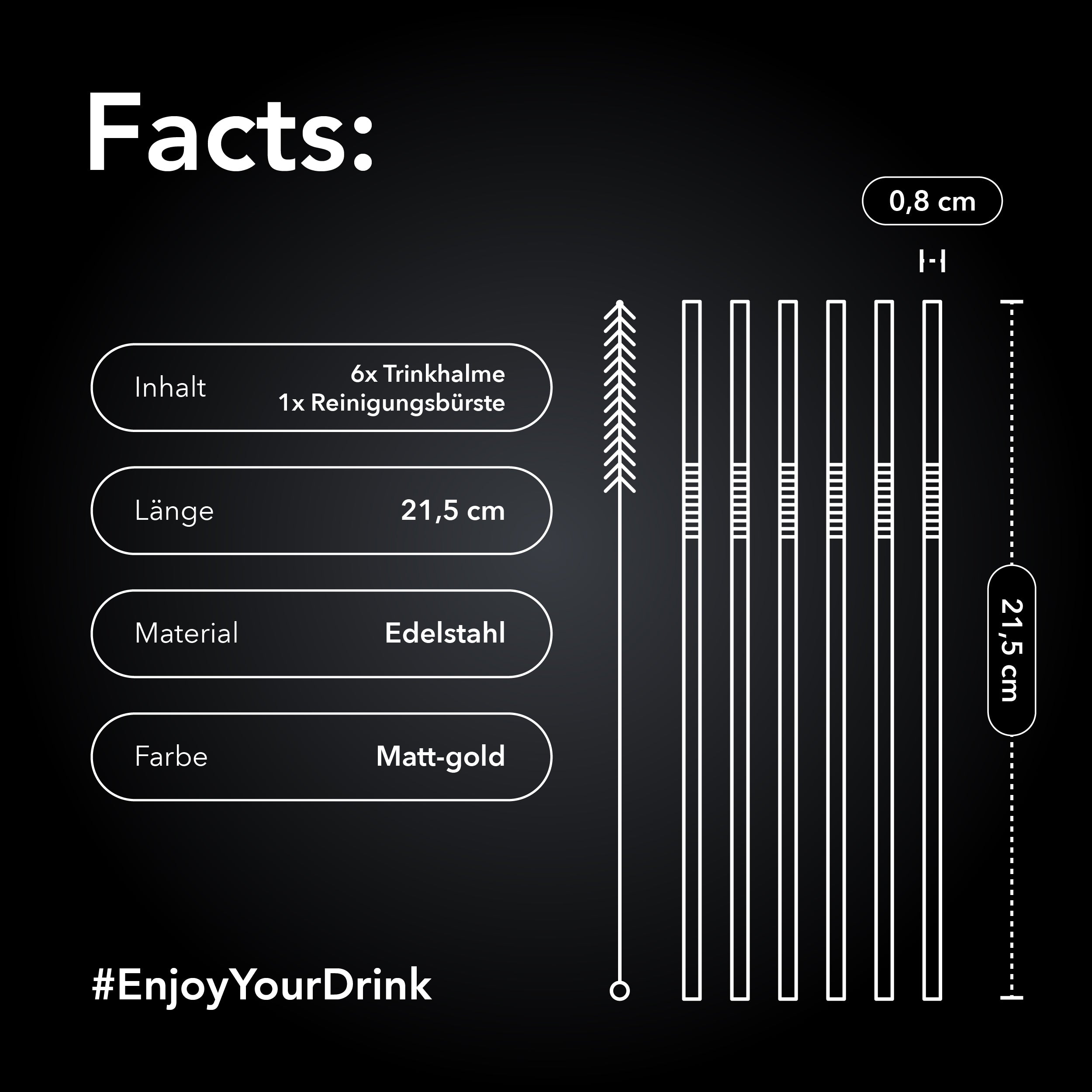 Premium Edelstahl-Trinkhalme 6er-Set mit Reinigungsbürste (matt-gold)